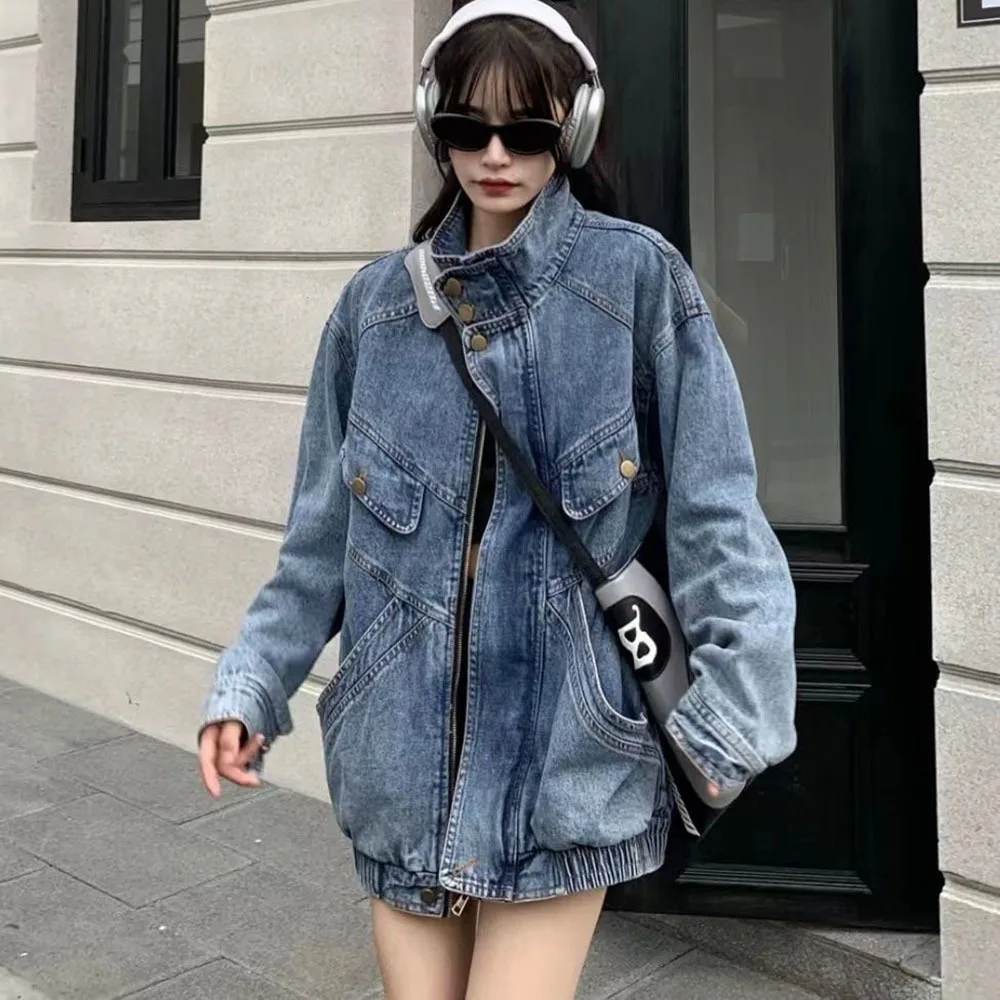 

Denim Coat Women And Men's Spring Autumn New Loose Design Sense Stand Collar Jean Cargo Jacket Female Casual Long Sleeve Outwear