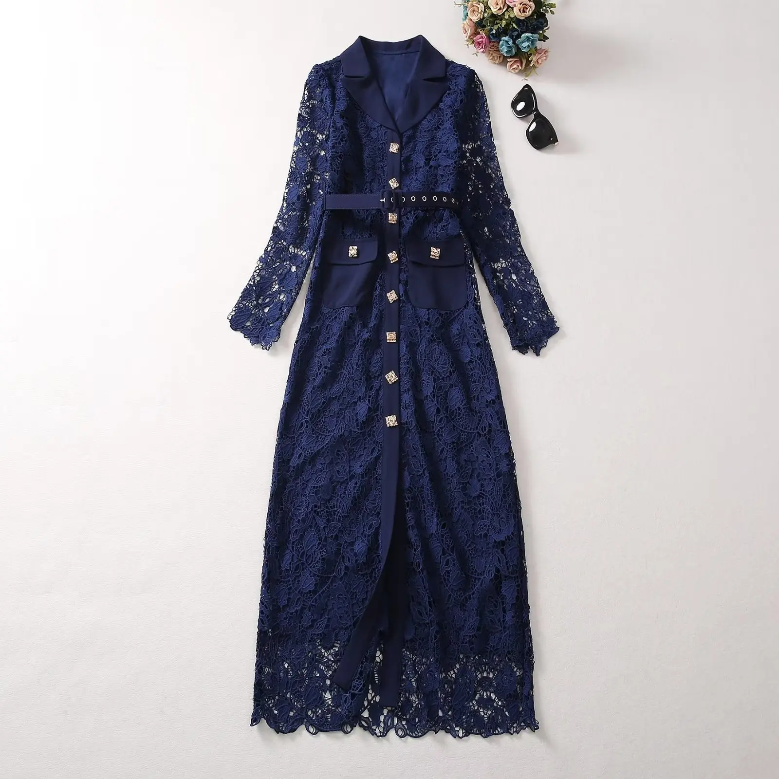 

European and American women's dress 2023 summer new style Suit collar long sleeve single breasted Fashion belt cutout dress XXL