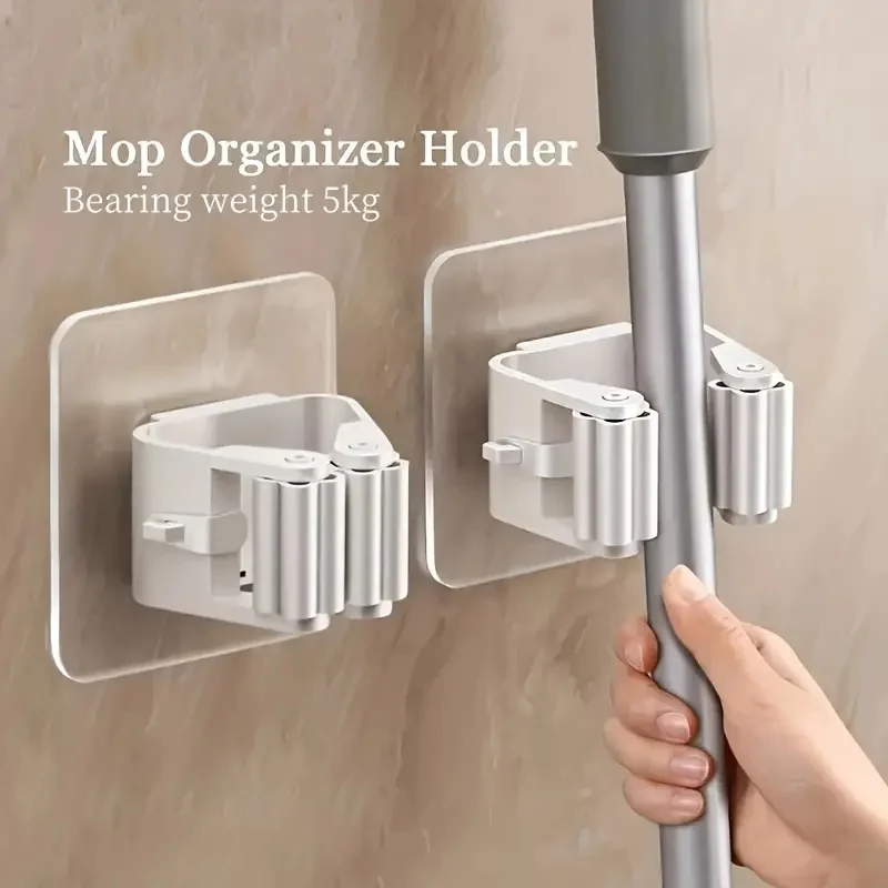 Wall-Mounted Mop & Broom Holder 4Pcs Easy-Install Strong Adhesive No-Drill Storage Rack for Home Organization Utility Hooks