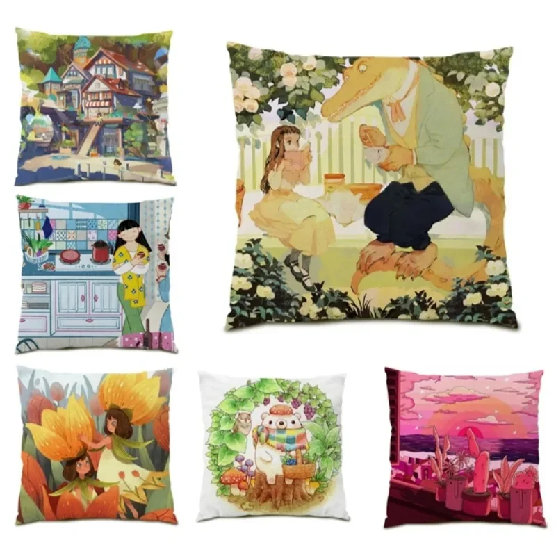 

Cartoon Scenery Painting Pillow Cover Double Sided Cushion Cover Velvet 45X45cm Luxury Stripes Plaids Birthday Gift DE1798