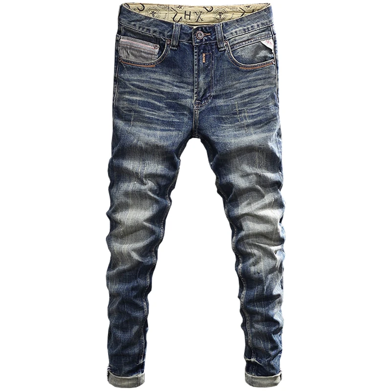 Fashion Designer Men Jeans High Quality Retro Blue Elastic Stretch Slim Fit Ripped Jeans Men Vintage Casual Denim Pants Hombre