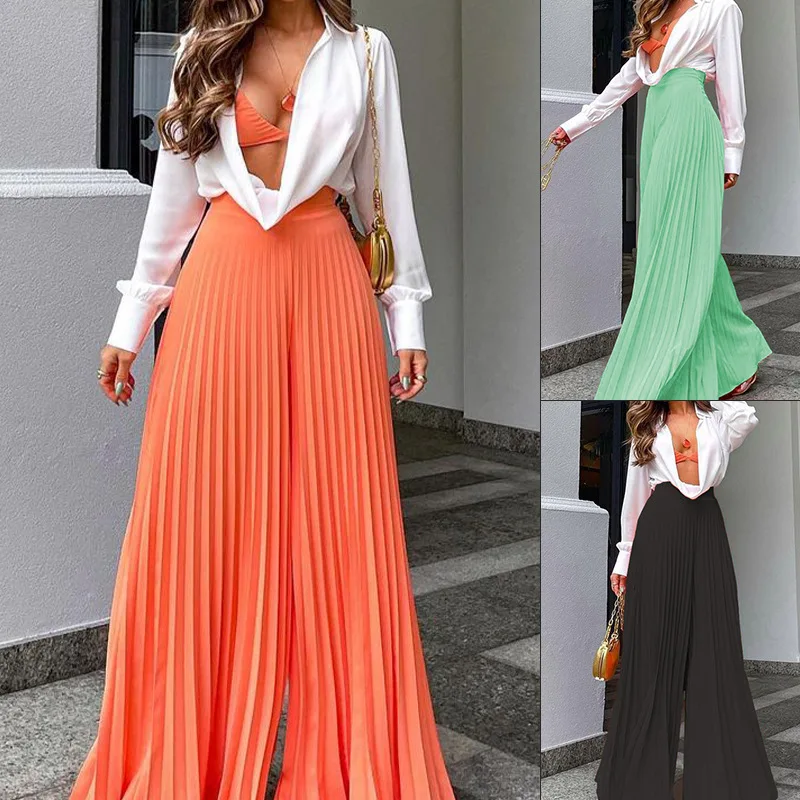 

2022 New Fashion Autumn Winter Wide Leg Pants For Women Casual Elastic High Waist Ladies Suit Pants Loose Casual Long Trousers