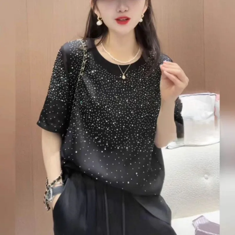 Spring Autumn New Fashion Round Neck Short Sleeved Women's Clothing Casual Tees All Match Loose Female Sequins Clothes T-Shirts