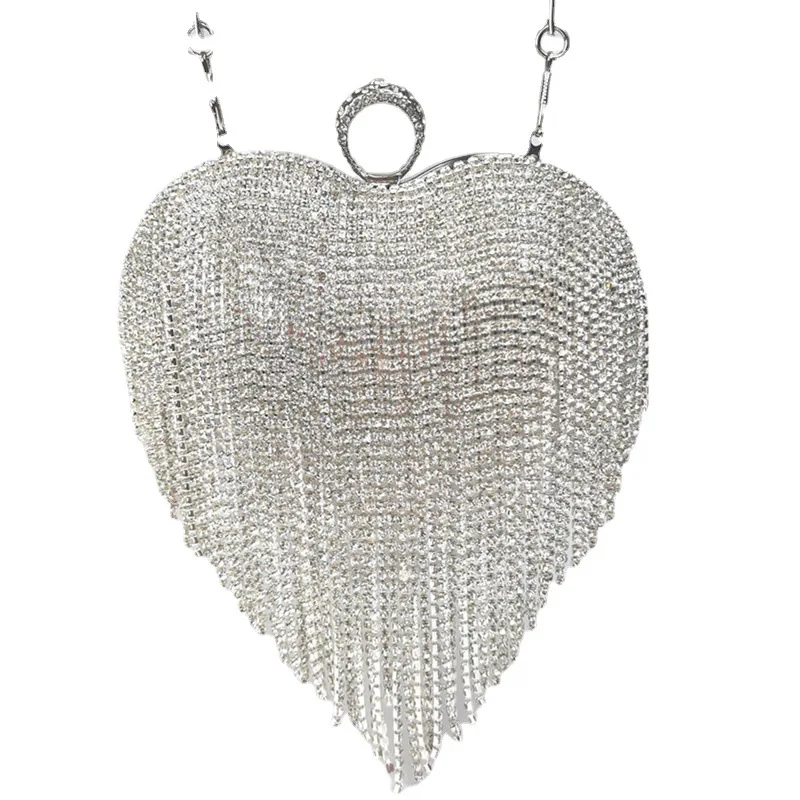 Fashion Women Tassel Evening Bags Diamonds Beaded Clutch Wedding Purse Shoulder Party Laides Case Purse Heart Women Handbags