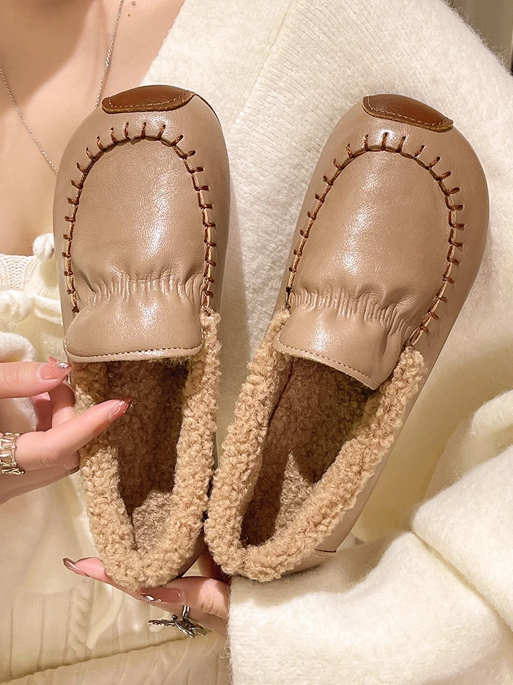 

Туфли женские без застежки с закрытым носком, лоферы с круглым носком, меховые повседневные кроссовки, Классические, Мокасины, зимняя обувь, Lei