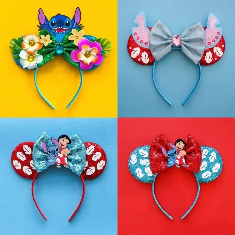 Disney Lilo & Stitch Hairdbands Women Cute Angel Ears Headbands Girls Flower Sequins Bow Hair Band Kids Leaves Hair Accessories