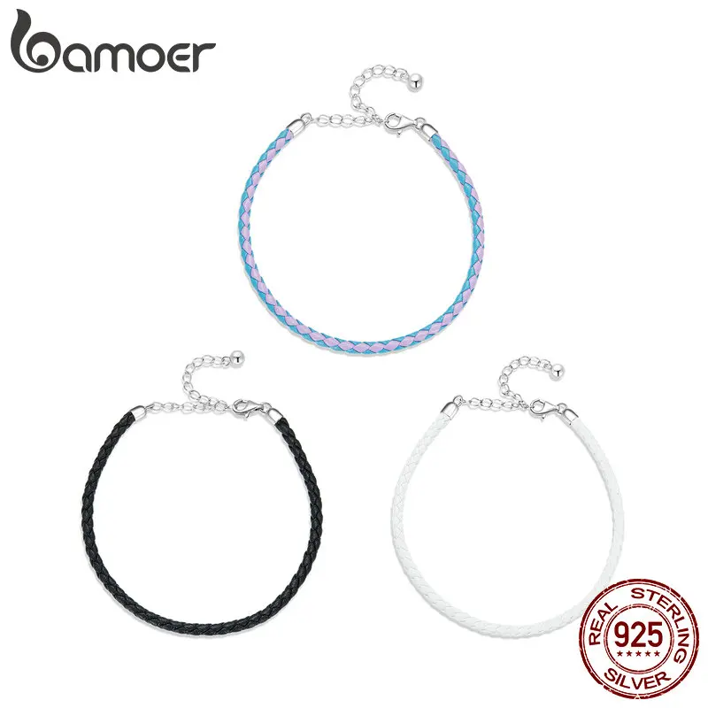 

Bamoer 100% 925 Sterling Silver Simple Leather Bracelet for Felmale Fashionale Chain Bracelet Matching Girls Birthday Gifts