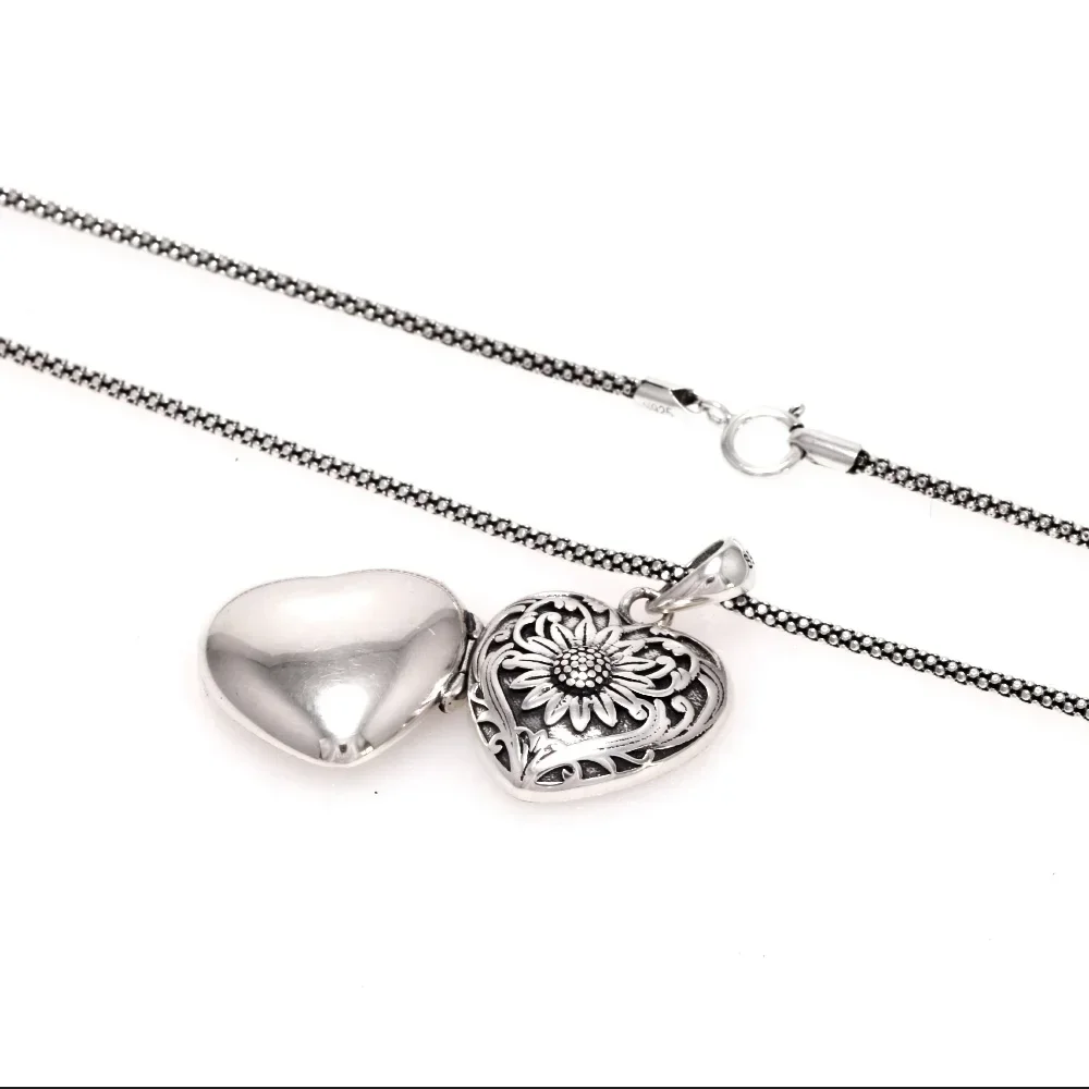 Sunflower Heart Shaped Locket Necklace That Holds Pictures Photo Keep Someone Near to You 925 Sterling Silver Jewelry