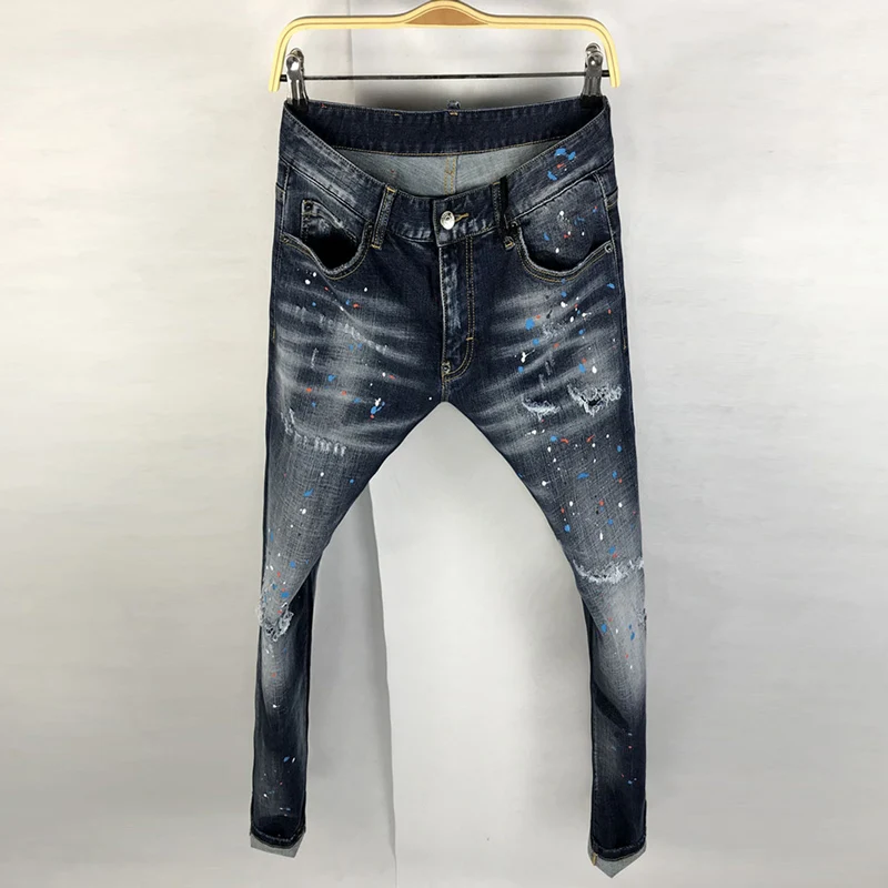 

Street Fashion Men Jeans Retro Blue Elastic Slim Ripped Jeans Men Stretch Trousers Painted Designer Hip Hop Brand Pants Hombre