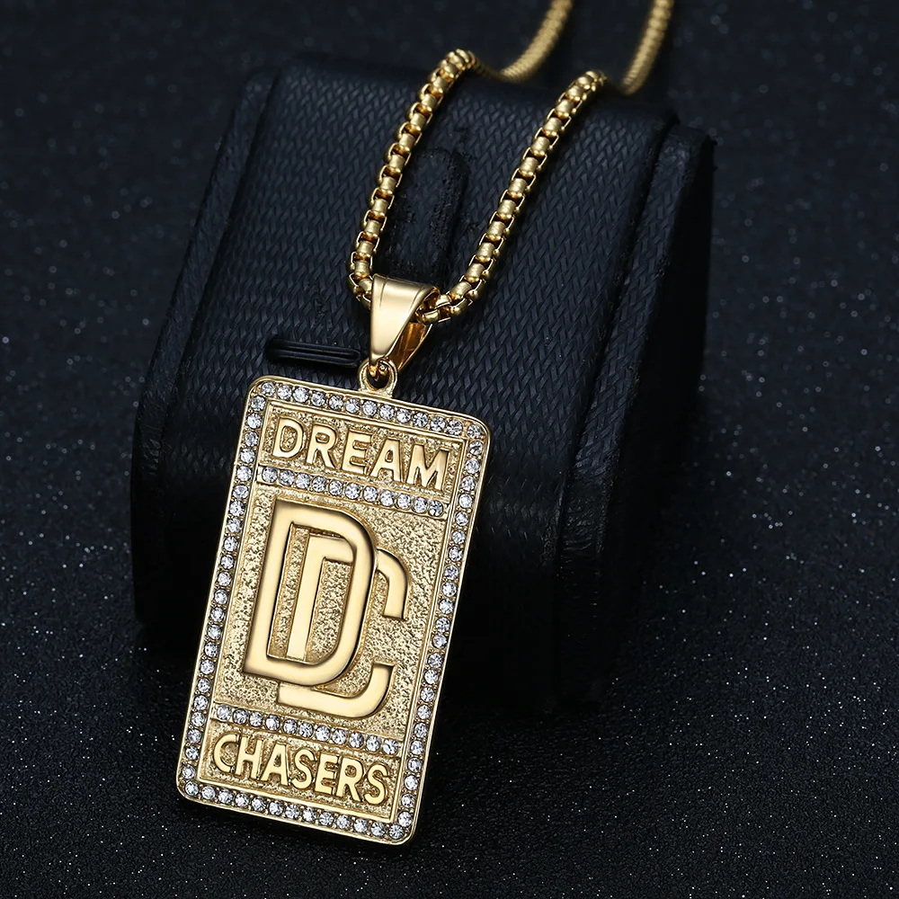 Hip Hop Custom Stainless Steel Gold Crystal Pendant Cubic Zirconia Necklace Men Square Pearl Chain Wholesale 2