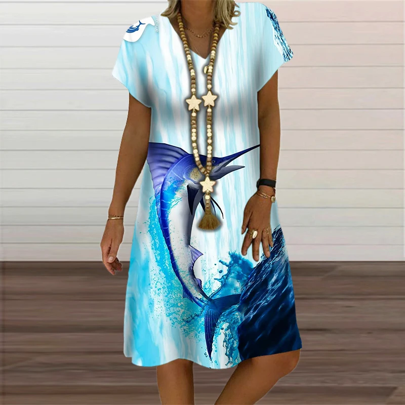 Summer Women'S Dress Beach Style Fishing Pattern Print Dresses