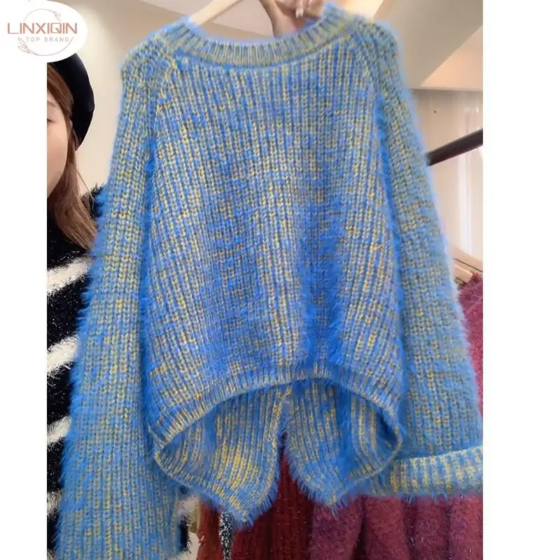 

Мохеровый свитер LINXIQIN, Женский однотонный синий пуловер с круглым вырезом, новинка 2024, джемпер в стиле K-POP, вязаный Топ в стиле Харадзюку, свободные шикарные свитера с разрезом
