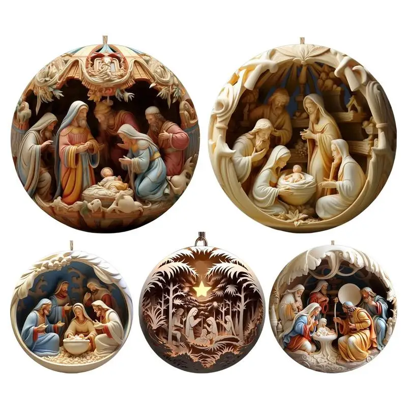 

5Pcs Christmas Tree Nativity Pendant 2D Acrylic Holy Family Statue Hanging Ornaments 2023 Xmas Navidad 2024 New Year Decorations
