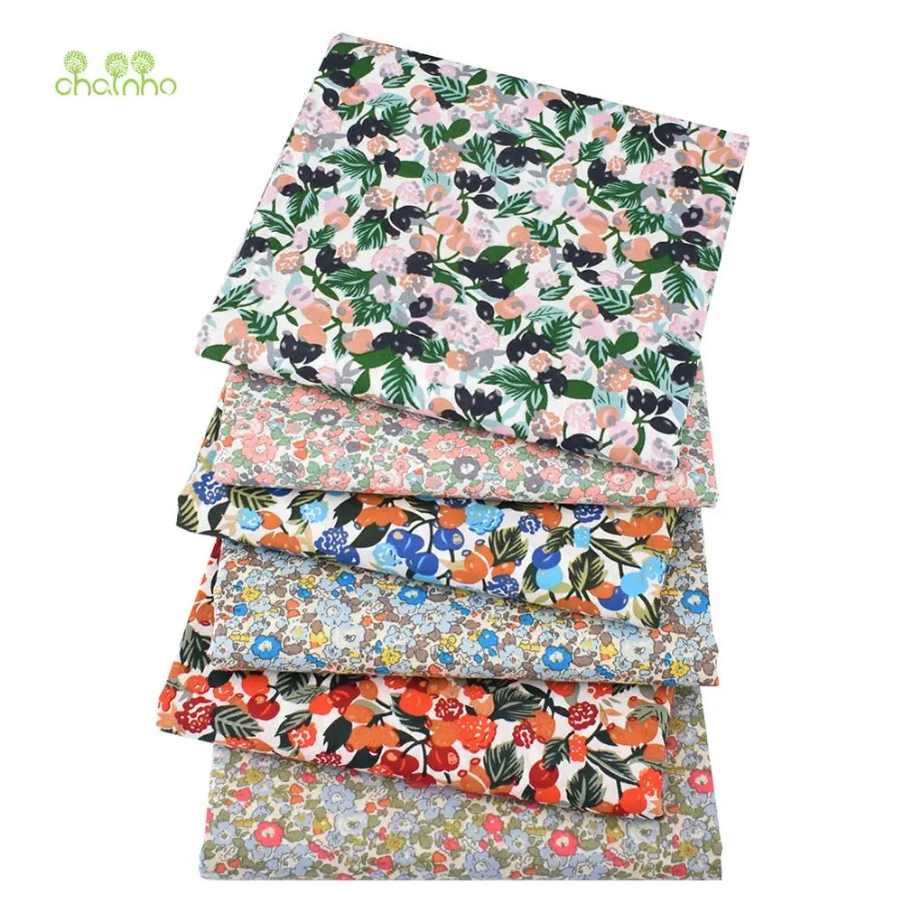 Chainho,Printed Plain Weave Poplin Cotton Fabric,DIY Quilting Sewing Material,Patchwork Cloth,Floral Series,3 Sizes,15PC14