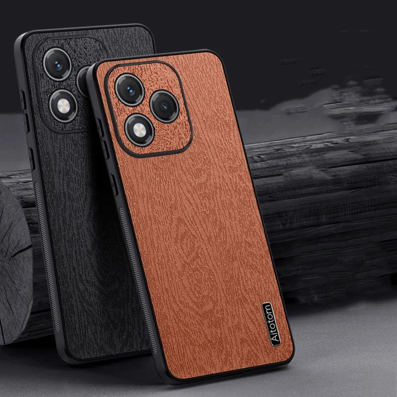 Luxury PU Leather Wood Grain Protective Phone Case - Hard Plastic Cover