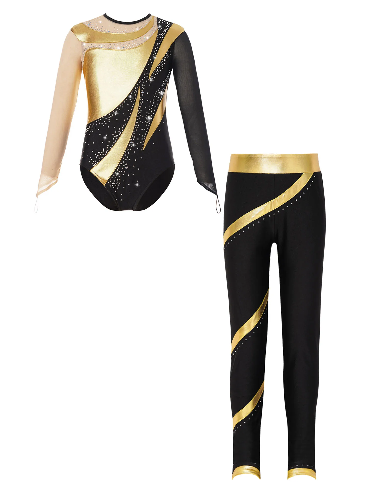 Kids Girls Shiny Rhinestones Gymnastics Outfits Long Sleeve Leotard Bodysuit with Long Leggings Pants for Skating Performance