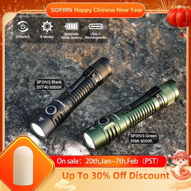 New Sofirn SP31 V3.0 Tactical LED Flashlight with Dual Switch USB C 18650 Rechargeable Power Indicator 6000K 5000K Torch