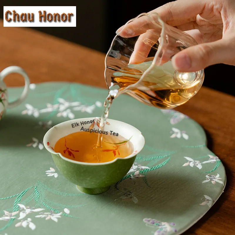 90ml Green Kumquat Galze Orchid Teacup Antique Petal Tea Bowl Tea Pair Tea-tasting Meditation Cup Jianzhan Master Cups Drinkware