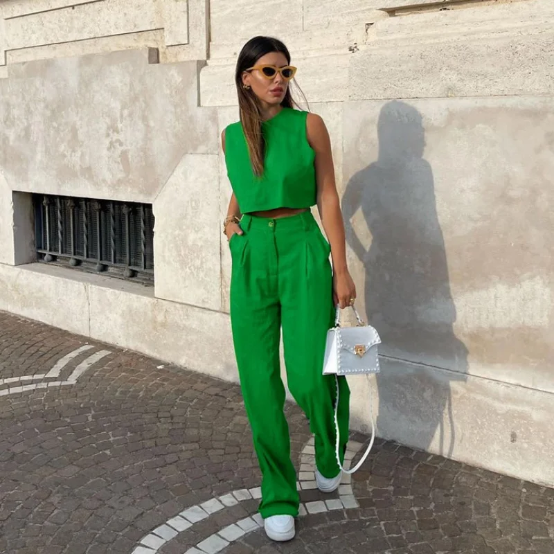 insStyle Summer New Solid Color Sleeveless Green Top Flared Pants Suit Commuter Fashion Women's ClothingWlj