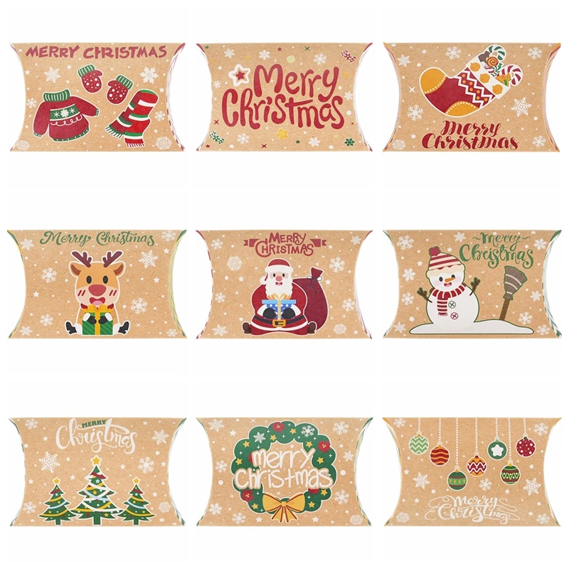 Christmas Candy Packaging 10pcs Christmas Pillow Shape Candy Box Kraft Paper Xmas Cookie Gifts Packaging Boxes Merry Christmas Party New Year Decor