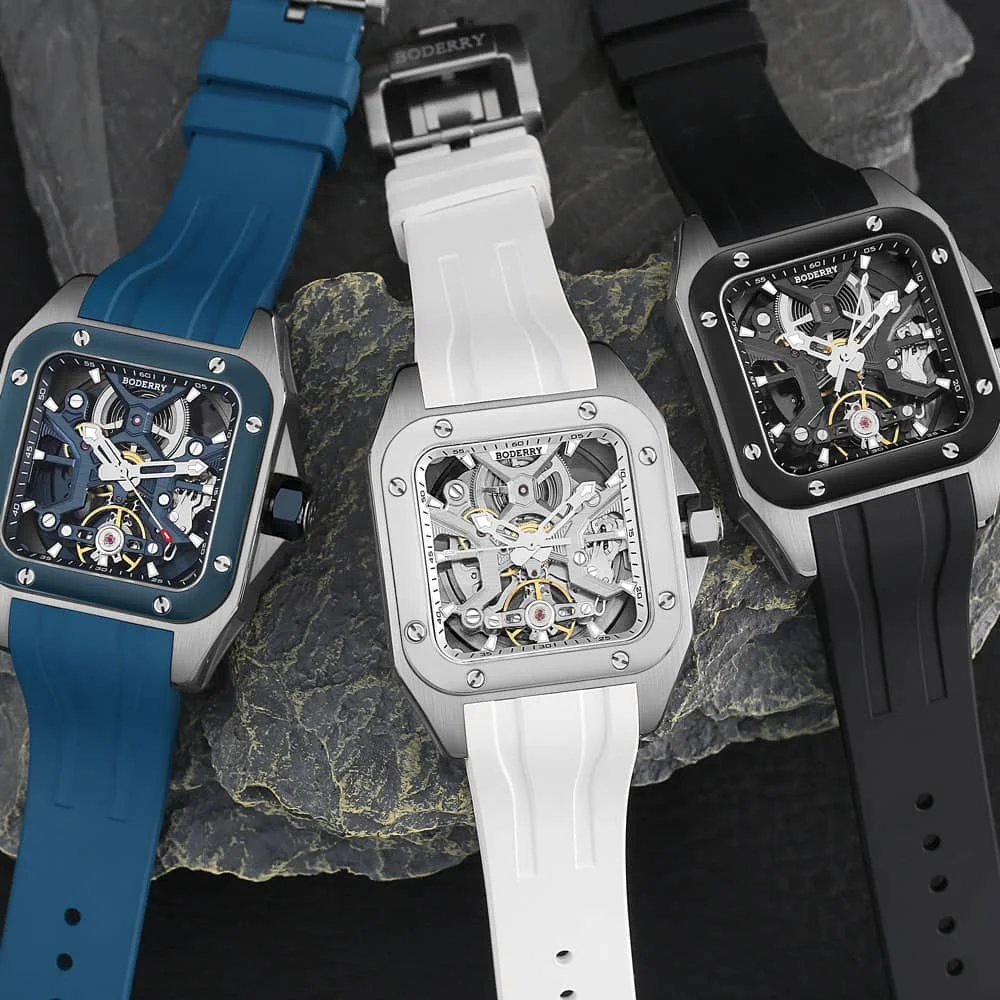 BODERRY Orologio Uomo Automatico In Titanio Quadrato - Scheletrato Con Riserva Di Carica 72h E Luminova BGW9