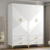 Wardrobe Armoire with 4 Doors, 4 Drawers and 2 Hanging Rods, Twill Wood Closet Storage with Metal Cabinet Legs, Wardrobes 1