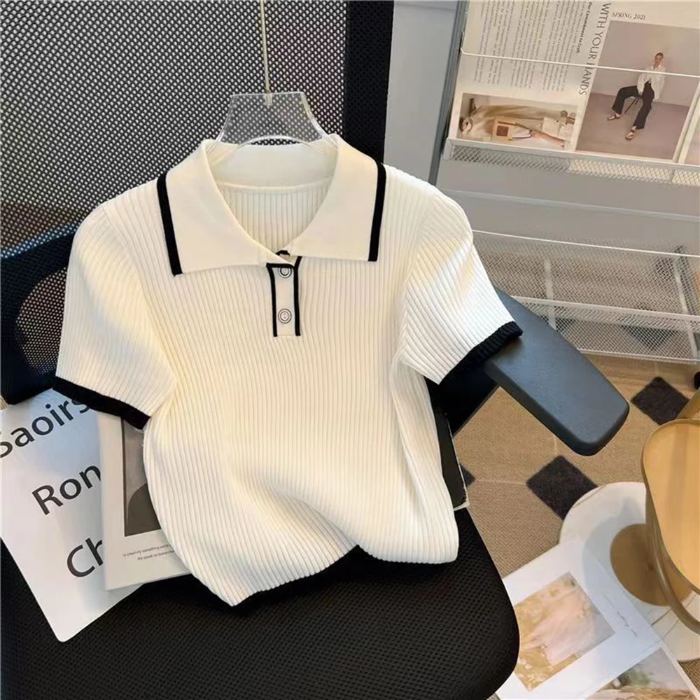 Smvp Ice silk knitted short sleeved T-shirt for women's summer 2024 new fashionable and stylish polo shirt top 1