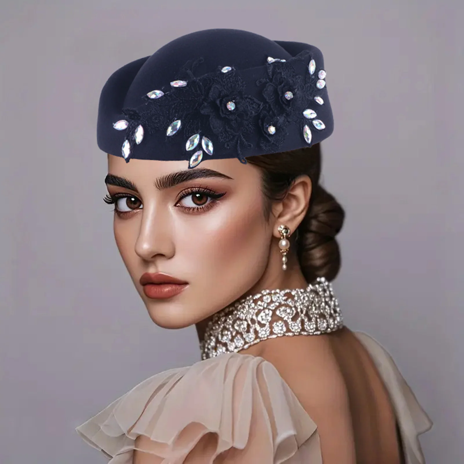 Baskenmütze im Retro-Stil im europäischen Stil, Damenmode, Baskenmütze, Strass-Dekor, Beanie für Cosplay und Kostümparty – Detail 5