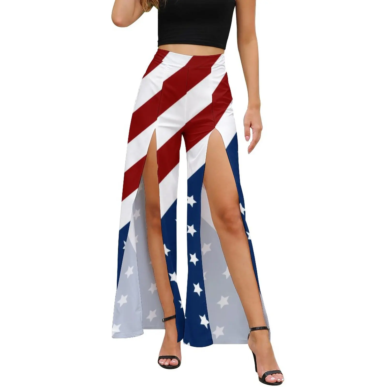 American Flag Pants High Waist High Slit Patriotic Flag Star Modern