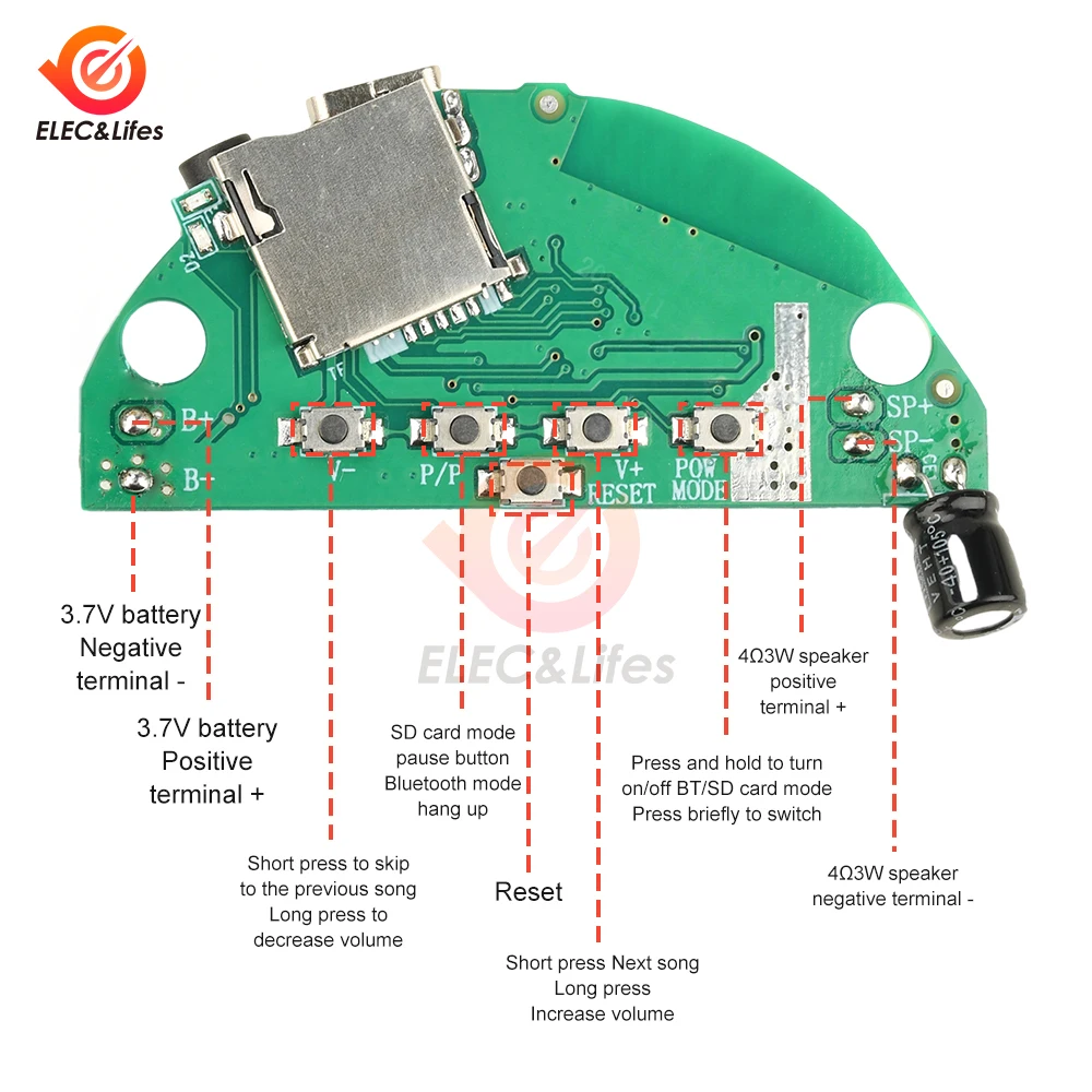 Portable Bluetooth Audio Amplifier Module 3.7V Battery or Type-C Powered Hi-Fi 3D Stereo 4W SD Card AUX Input for DIY Speakers - 5