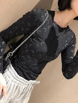 New Fashion Printed Slim Fit Elastic Long Sleeved Women's T-Shirt Korean Casual Thin Comfortable Round Neck with Women Top 1