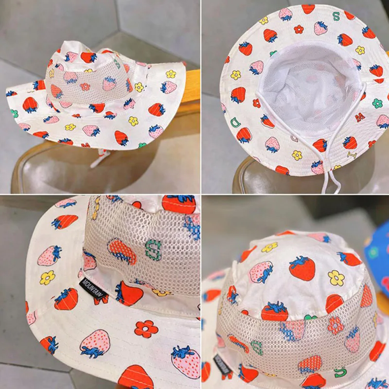 Baby Hat Kids Sun Hat Kids Bucket Hat Cute Strawberry Flower Print Baby Hat Summer Mesh Breathable Kids Girls Bucket Hat Outdoor Travel Children Panama Fisherman Cap