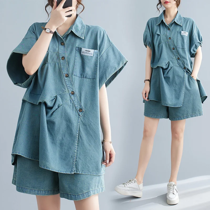 

Oversized Summer Casual Shorts Two Piece Set Women Vintage Shirt And Jeans Suits Tracksuits Z1552