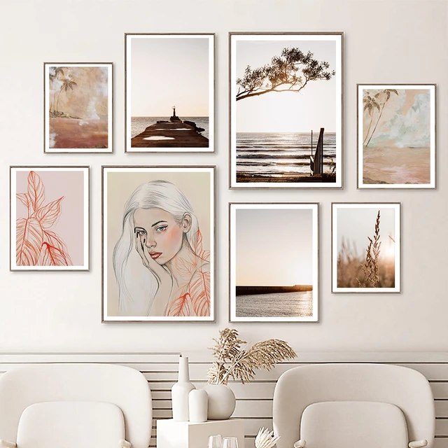 Arte de pared con paisaje de lago, pintura en lienzo, póster colorido, hoja de caña, árbol, chica, puente, imágenes de pared para decoración de sala de estar, estética - AliExpress