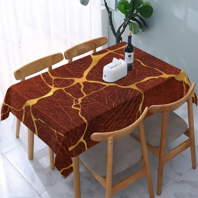 

Rectangular Brown Leather Kintsugi Pattern Table Cloth Waterproof Tablecloth 40"-44" Table Cover Backed with Elastic Edge
