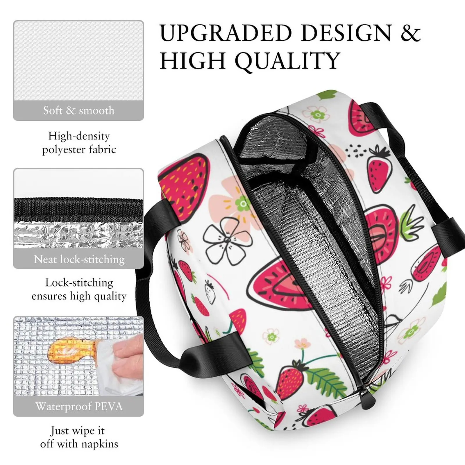 Custom Pattern Tote Lunch Bags for Women Print Colored Strawberry Portable Meal Bag Picnic Travel Breakfast Box Office School