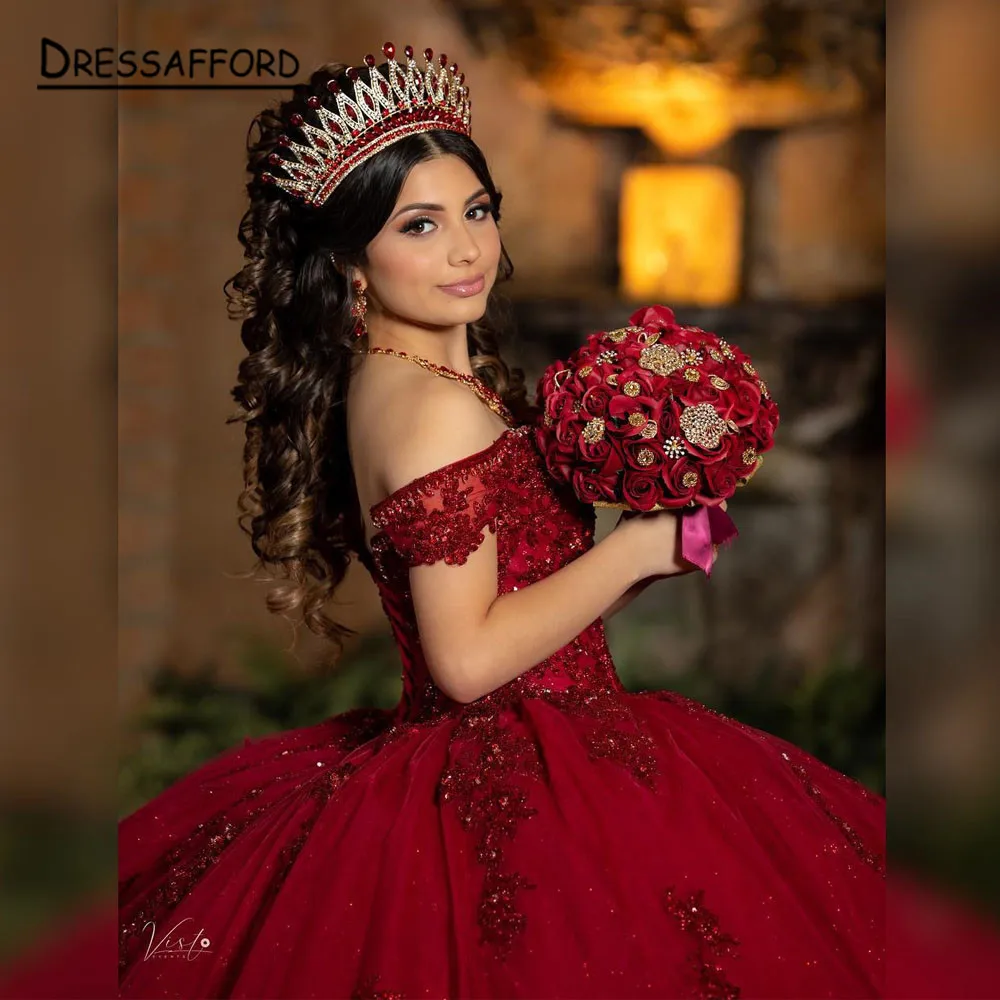 3D Floral Dark Red Quinceañera Dresses Off the Shoulder Ball Gown vini –  Viniodress