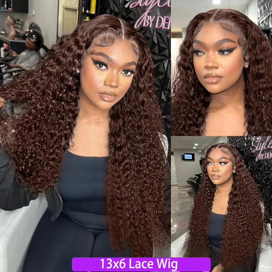 Chocolate Brown Deep Wave Human Hair Wig 30 36 Inch Transparent Lace Frontal Wigs For Women 13X6 Lace Front Water Curly Wigs