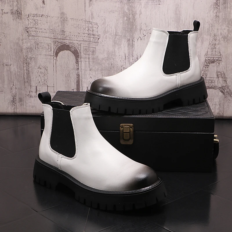 

men fashion original leather boots black white platform shoes cowboy chelsea boot spring autumn handsome ankle botas masculinas