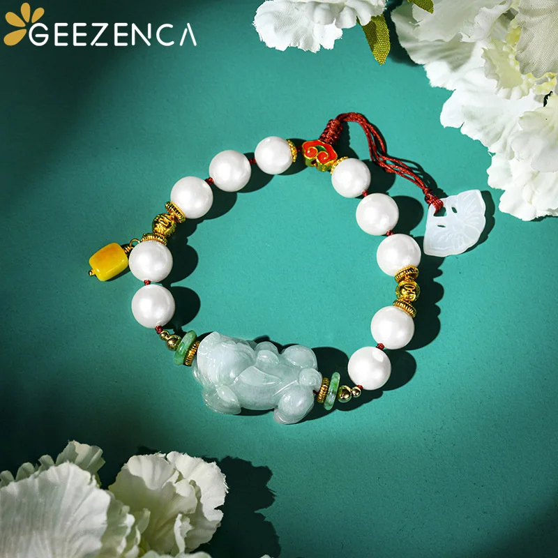 Geezenca Natural Jade Pixiu Freshwater Pearl 925 Silver Beaded Bracelet