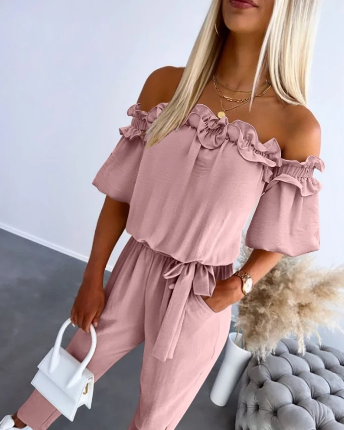 Women Casual Jumpsuit 2024 Spring Summer Latest Off Shoulder Frill Hem Tied Detail Romper Short Sleeve Pocket Vacation Bodysuit