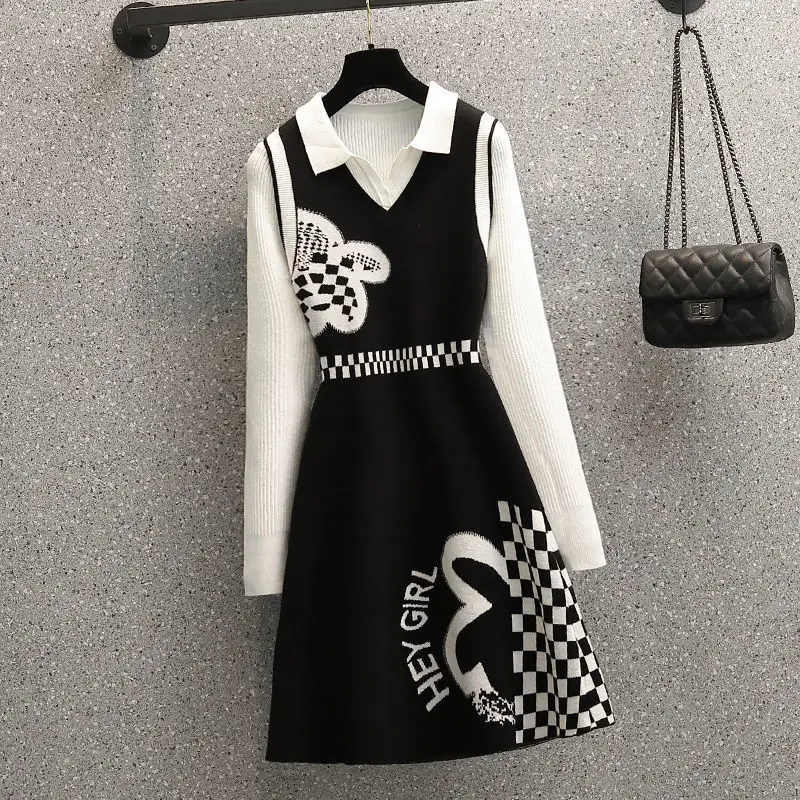 Spring Autumn Suit Women's 2023 New Polo Neck Solid Color Underlay Sweater Shows Slim Versatility Knitted Dress Two Piece Set