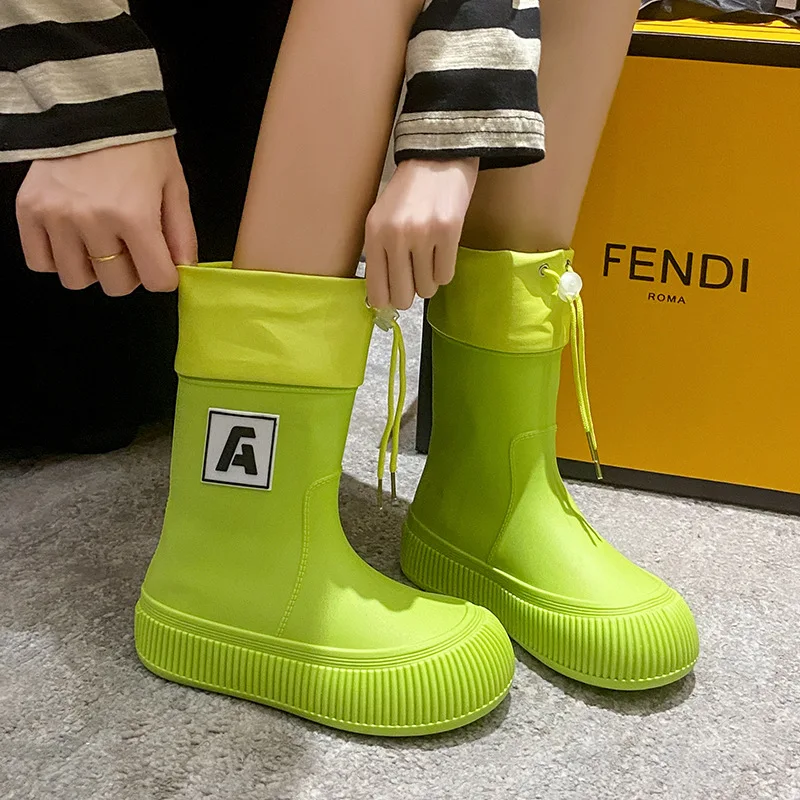 

New Ladies Plush Rainboots Fashion Pure Color Mid-Calf Rain Boots Outdoor Non-slip Waterproof Shoes Work Boots Rubber Galoshes