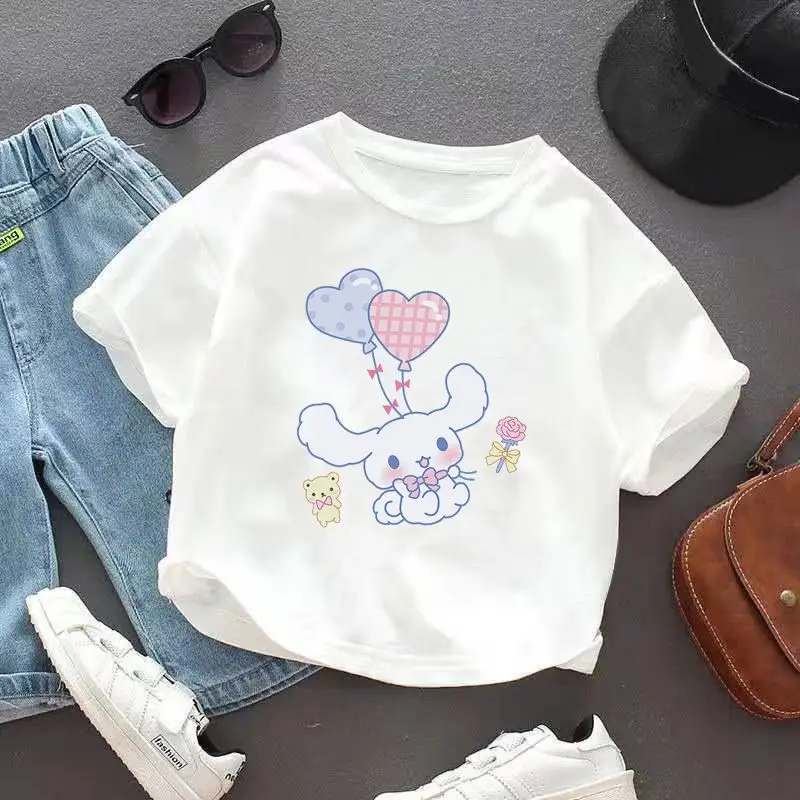 

Летняя детская футболка Sanrio Cinnamoroll с коротким рукавом из чистого хлопка с изображением героев мультфильмов, белая Милая Тонкая футболка, топы для мальчиков и девочек, подарок на день рождения