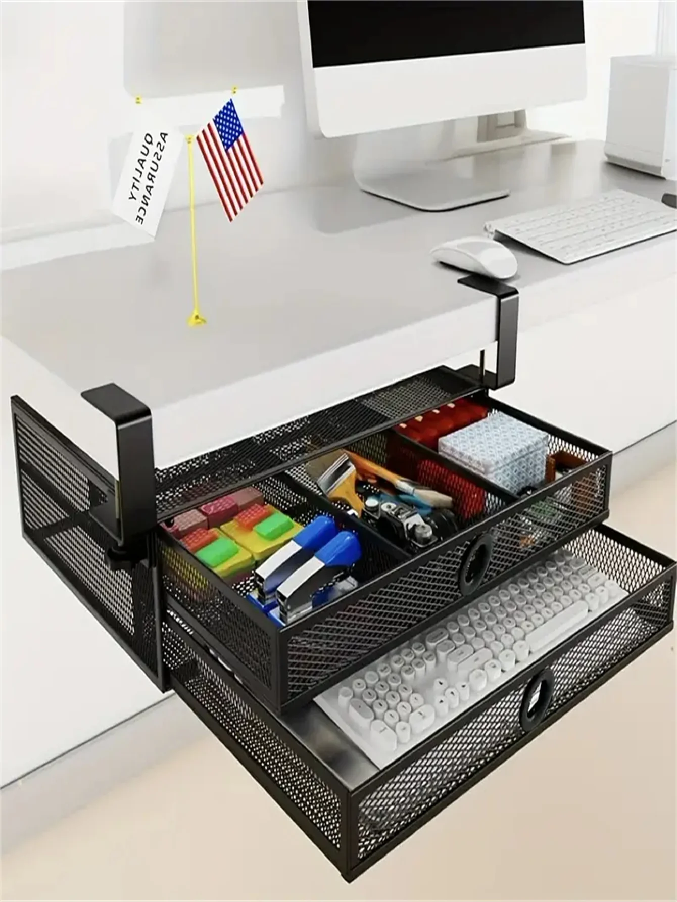 Organizer per Cassetti da Scrivania Tipo Clip-On, Accessorio in Rete Metallica, 2 Cassetti Estraibili, Organizzatore per Scrivania o Sotto la Scrivania - immagine 5