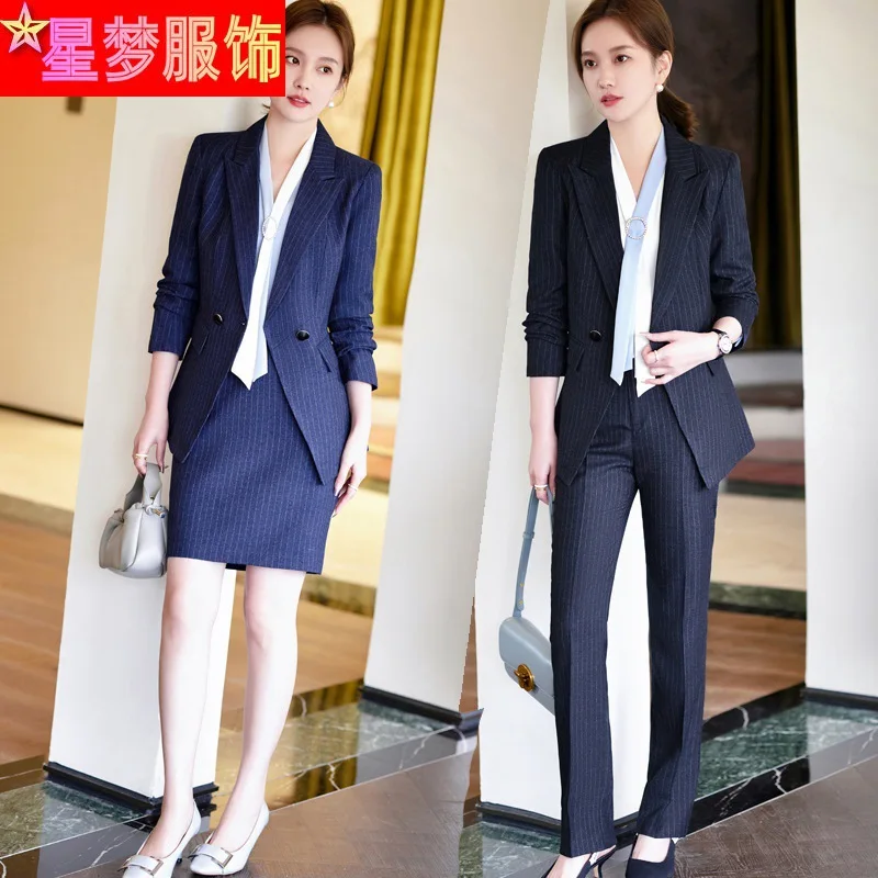 966 Blue Striped Suit Korean Style Temperament Office Suits Business Formal Wear Hotel Front Desk Interview Business Wear