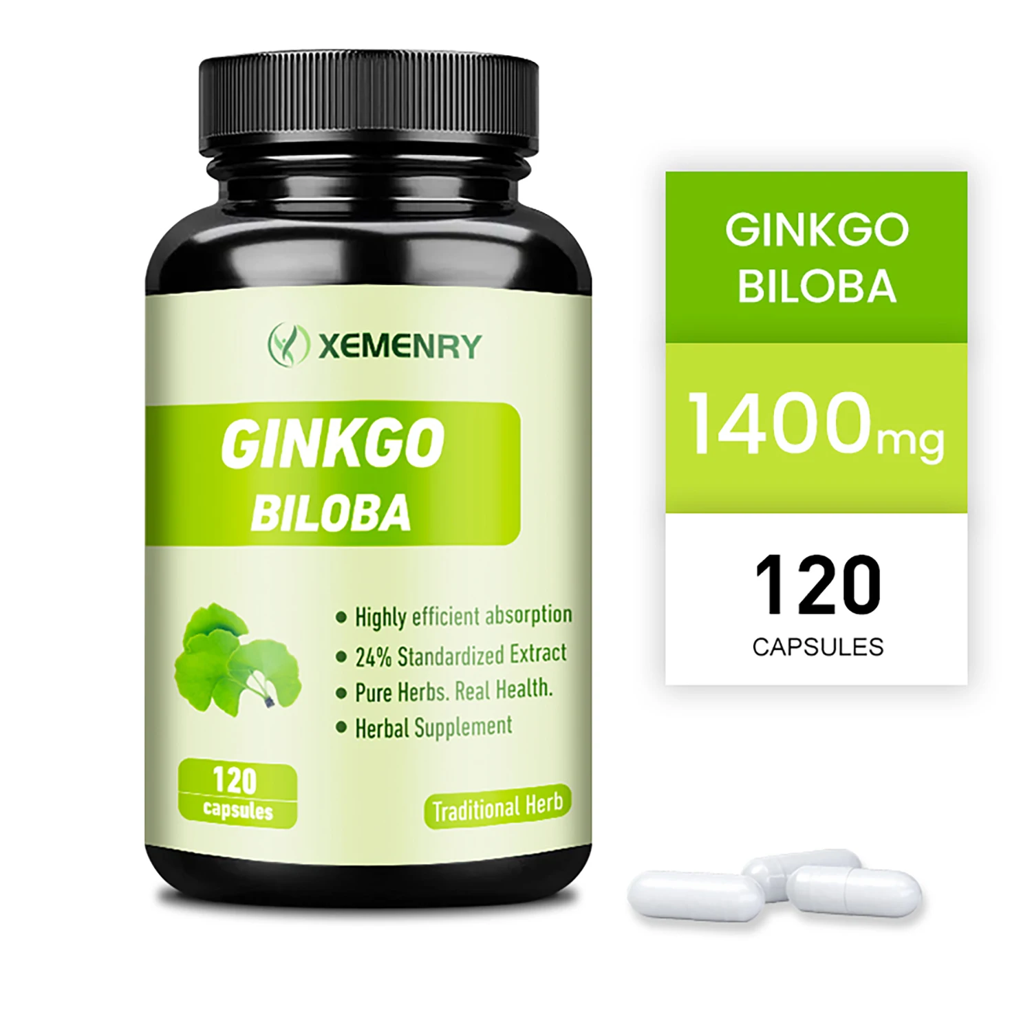 Ginkgo Biloba - Improves Concentration, Memory and Learning, Promotes Brain Health - 120 Capsules