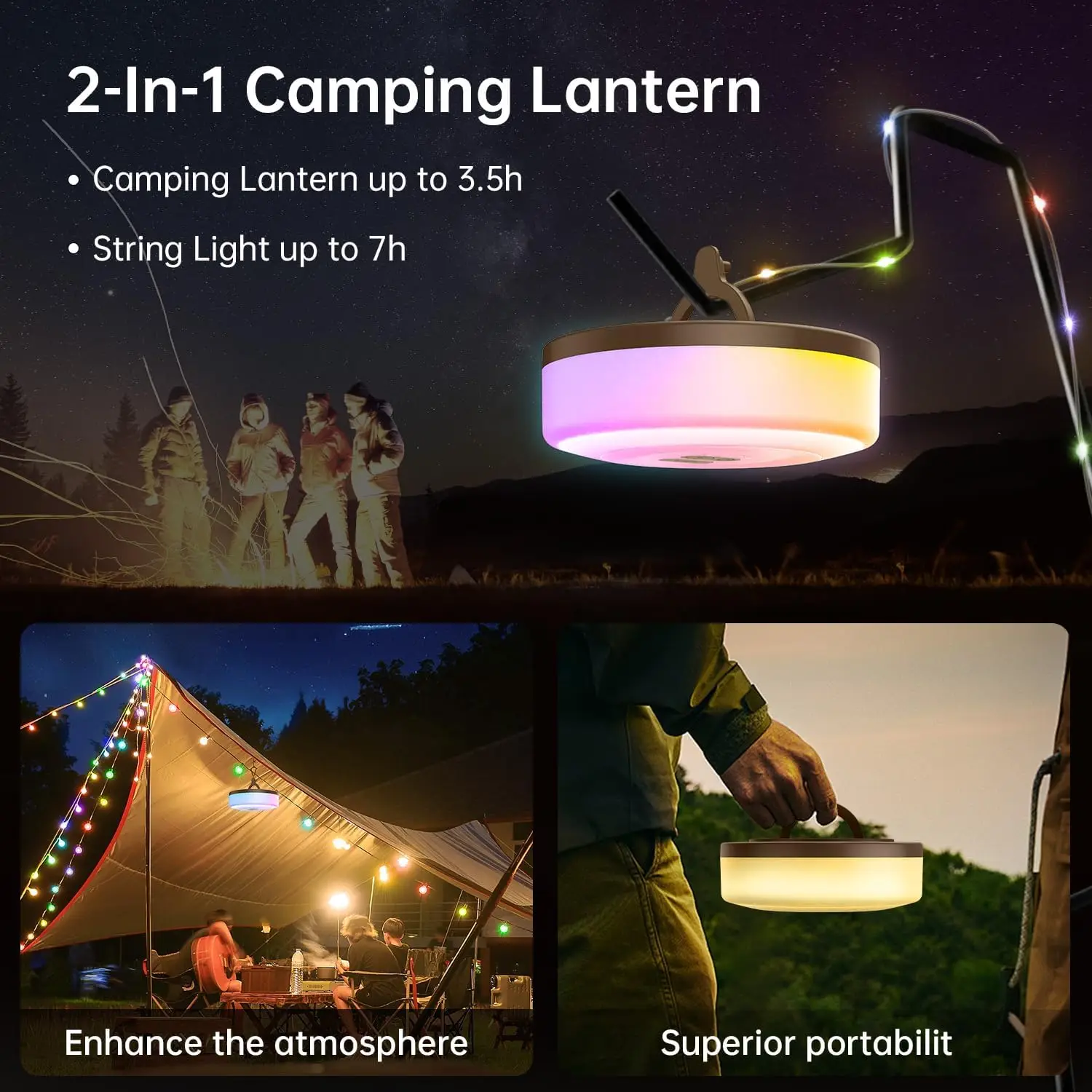 Camping String Lights 2 in 1 RGB Rechargeable Camping Lights for Christmas Fairy Lights Portable Lantern for Outdoor