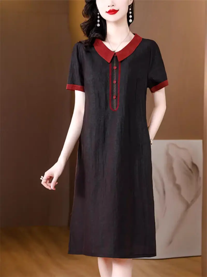 

Vintage Dresses Elegant Women's Summer 2024 Fashion New Short Sleeved Loose Retro Mother Mulberry Silk Dress Midi Vestidos K1049