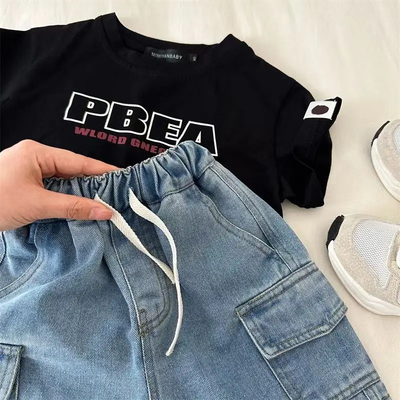 Kids Shorts Boys Girls Denim Shorts Summer Elastic Waist Drawstring Solid Color Pocket Cargo Jeans Baby Boys Casual Shorts